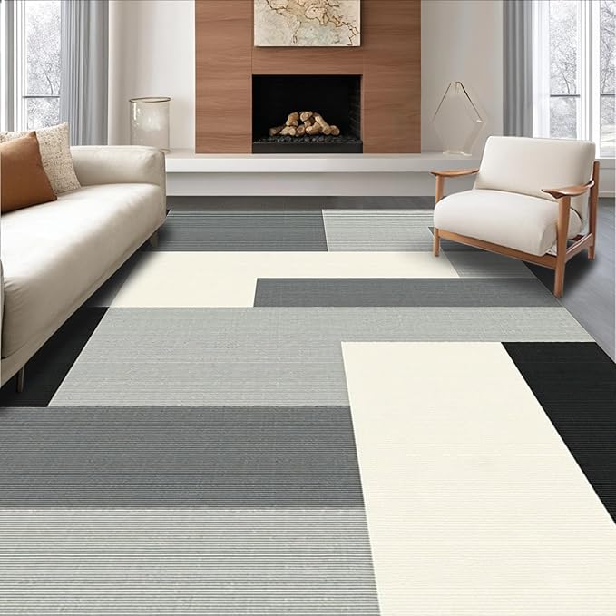 Flatwoven High Traffic Area Rug 4x6, Striped Cleaning Tool for Bath & Patio, Non Slip, Stain Resistant, Washable Area Rugs for Living Room, Bedroom (Gray, 4x6)