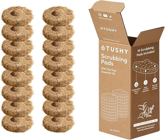 TUSHY Tea Tree Coconut Husk Scrubbing Pads, 16 Pack | Planet Friendly Cleanser-Infused Pads, No Toilet Bowl Cleaner Needed | TUSHY Toilet Brush 2.0 Refills