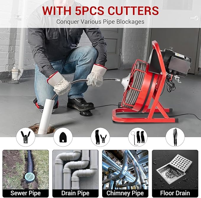 75FT x 1/2 Inch Drain Cleaner Machine, 400W Portable Drain Cleaning Machine Snake with 6 Cutters & Foot Switch for 1" to 4" Pipes, Heavy Duty Sewer Auger for Sinks, Toilets, Showers