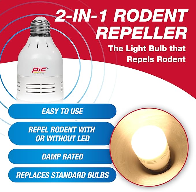 PIC Ultrasonic Rodent Repeller LED Light Bulb, Mouse & Rat Deterrent, Pest Control for Homes, Garages, Attics, Works with or Without Light On