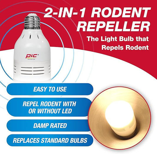 PIC Ultrasonic Rodent Repeller LED Light Bulb, Mouse & Rat Deterrent, Pest Control for Homes, Garages, Attics, Works with or Without Light On