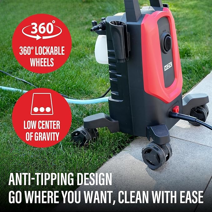 MZK Pressure Washer,with Anti-Tipping Technology,4 Quick-Connect Nozzles,Foam Cannon for Easy Replacement,High-Pressure Cleaning of Cars,Fences