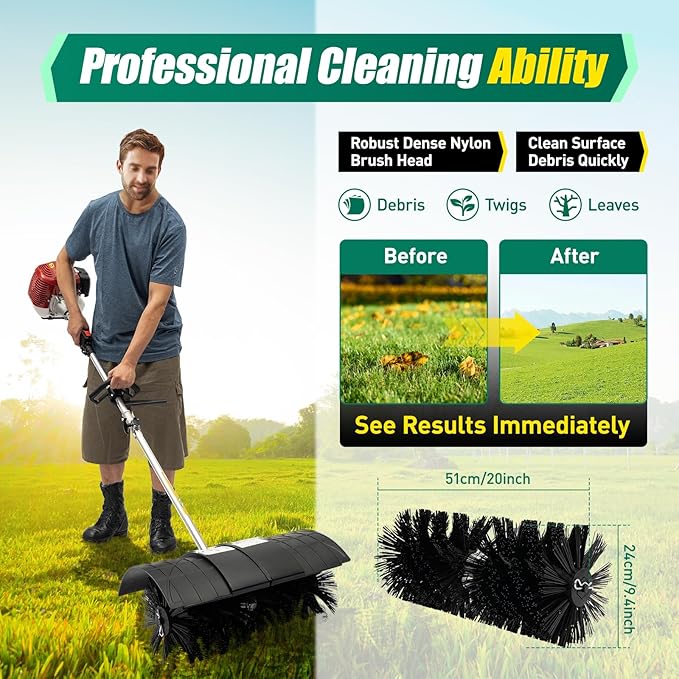 2-Stroke 1700W Gas Power Snow Sweeping Broom,52cc Handheld Sweeper,Single Cylinder Walk Behind Handheld Sweeper,Cleaning Driveway Turf Lawns Power Brush Lawn Sweeper Cleaner Tools