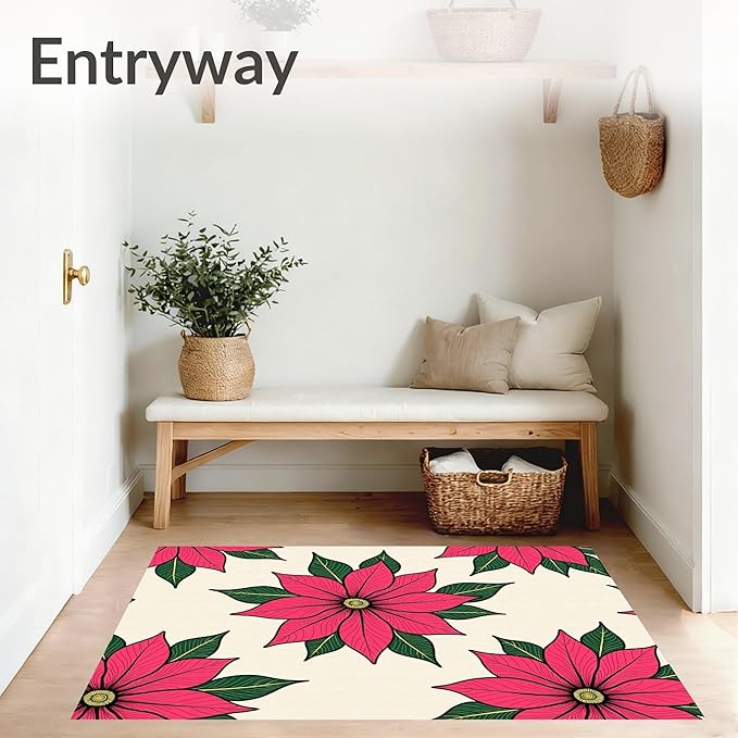 Flatwoven High Traffic Area Rug 8x10, Holiday Poinsettia Bathroom Festive Winter Floral Shower Curtain, Non Slip, Stain Resistant, Washable Area Rugs for Living Room, Bedroom (Pink, 8x10)
