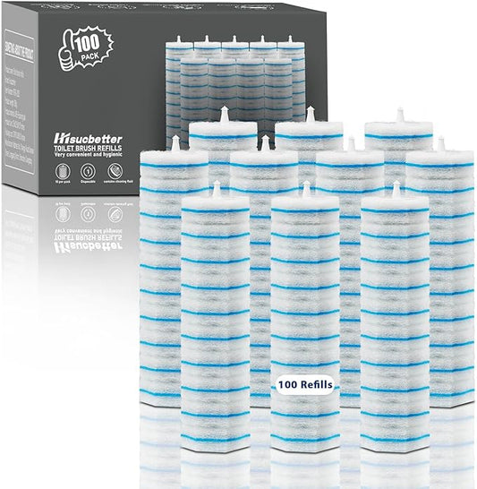 100 Pack Disposable Toilet Brush Heads, Toilet Bowl Wand Refills, Toilet Cleaning System Replacement, Refill for Most Toliet Wands, Prefilled 2X Cleaning for Deep Scrub of Toilets.
