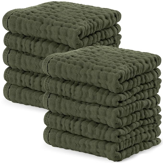 Comfy Cubs Muslin Baby Washcloths 10 Pack - Soft 6-Layer Cotton Wash Cloths for Sensitive Skin - 10"x10" Large, Gentle, Absorbent Infant Essentials for Newborn and Toddlers - Kelp