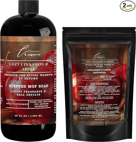Lapew Cozy Cinnamon Apple Bundle – Carpet Deodorizer Powder & Scented Mop Soap Set – Odor Eliminator for Pet-Friendly Homes