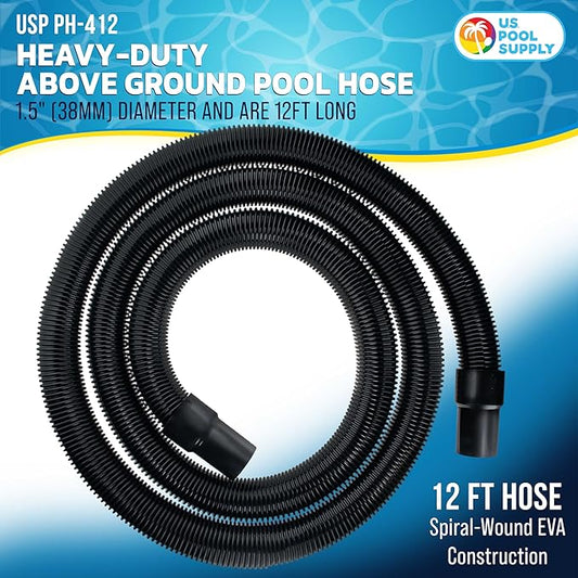 U.S. Pool Supply 12 Foot Heavy-Duty Above Ground Pool Hose, 1.5" - Black Replacement Filter Connecting Hose, Flexible Spiral Wound EVA - Compatible with Intex for Pool Filter Pumps -Skimmer Pump