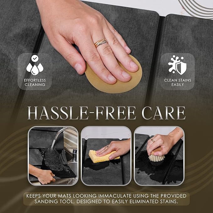 Large Black Stone Dish Drying Mat - Foldable & Water Absorbing Dish Drying Mat with Cleaning Tools, Anti-Slip, Stain Resistant, Easy-Clean, Kitchen Drying Mat and Highly Absorbent Bath Mat 24" x 16"
