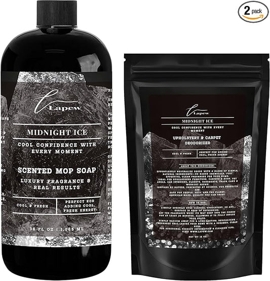 Lapew Midnight Ice Bundle – Carpet Deodorizer Powder & Scented Mop Soap Set – Odor Eliminator for Pet-Friendly Homes (Black Ice Fragrance)