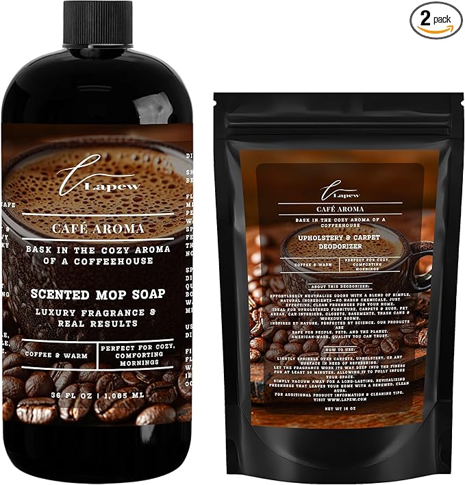 Lapew Café Aroma Scented Cleaning Bundle | Carpet Deodorizer Powder (16 oz) & Mop Soap Concentrate (36 oz) | Pet-Friendly Odor Eliminator