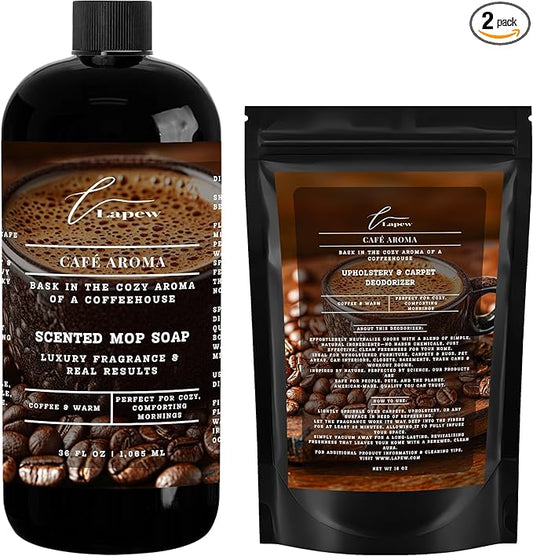 Lapew Café Aroma Scented Cleaning Bundle | Carpet Deodorizer Powder (16 oz) & Mop Soap Concentrate (36 oz) | Pet-Friendly Odor Eliminator