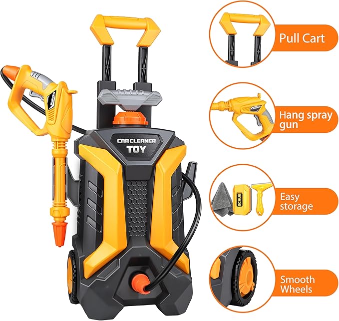 Kids Pressure Washer Toy, Outdoor Car Wash Playset for Patio Lawn Garden, Self Powered Water Pressure Washer Toy, Ages 3+, Gifts for Boys and Girls