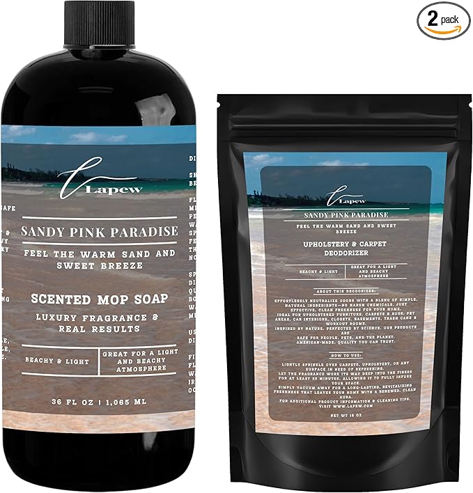 Lapew Sandy Pink Paradise Bundle – Carpet Deodorizer Powder & Scented Mop Soap Set – Odor Eliminator for Pet-Friendly Homes (Pink Sands Fragrance)