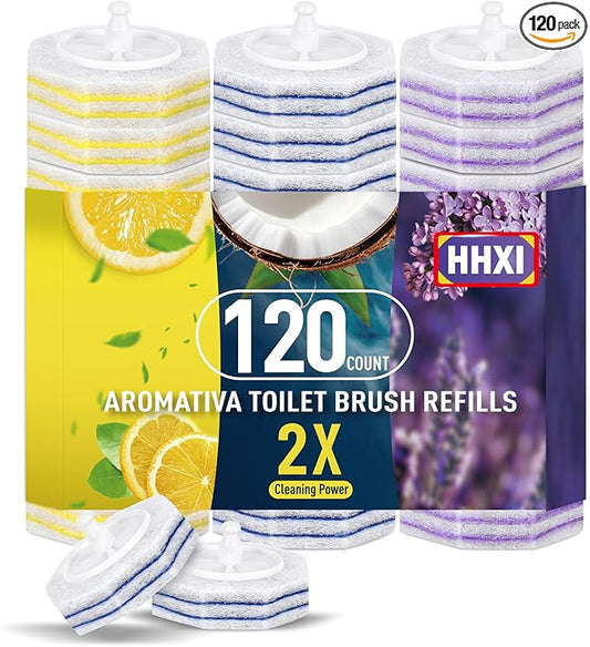 120Ct Aromative Toilet Brush Refills, Toilet Bowl Cleaner Refills, Double-Layer Cleaning Pads Added, Disposable Refill Heads for Toilet Bowl Cleaner Wands，Lemon, Blue Ocean, Lavender （Patented）