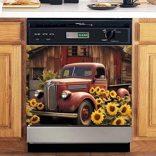 Farm Red Truck Dishwasher Magnet Cover Country Refrigerator Sticker for Kitchen Decor, Farmhouse Sunflower Magnetic Dishwasher Cover Panel, Reusable and Removable (23" W x 17" H Magnetic)