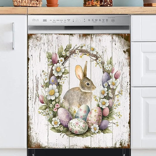 Easter Bunny Dishwasher Full Door Magnetic Sticker Home Appliances, Easter Eggs Refrigerator Magnet Skin Cover, Spring Wreath Magnetic Dishwasher Panel Cover - (23" x 26" Magnetic)