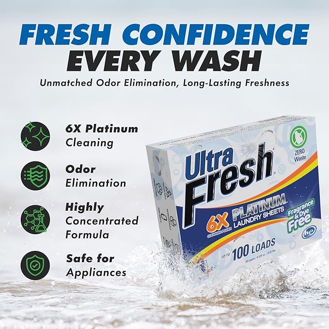 Ultra Fresh Platinum 2 Pack Laundry Soap Detergent Sheets, Ultra Concentrated, Stain Fighting, Fragrance & Dye Free, 200 Loads