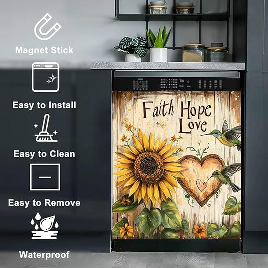 Sunflower Hummingbird Magnet Dishwasher Cover Kitchen Decor Sticker, Faith Hope Love Magnetic Fridge Panel Skin Cover Country Flower Dishwasher Panel Decal, 23" x 26" Magnetic