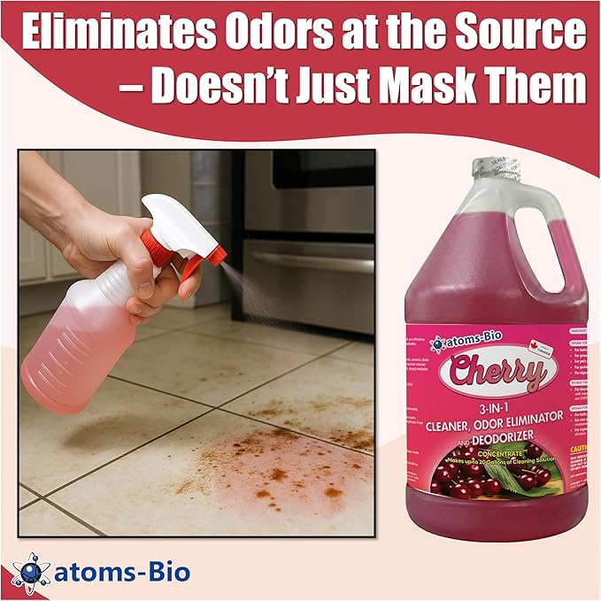 CHERRY Concentrated 3-in-1 Cleaner, Odor Eliminator & Deodorant | Cherry Scent | pH Neutral | Industrial Strength | For Bathrooms, Grease Traps, Surfaces & Pet Odors | 3.87L