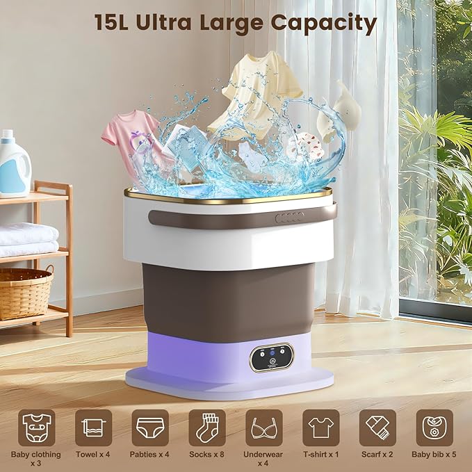 Portable Washing Machine, 15L Mini Washing Machine with Spin Basket & 3 Cleaning Modes for Small Clothes,Foldable Mini Washer for Apartments, Dorms, Camping (Khaki)