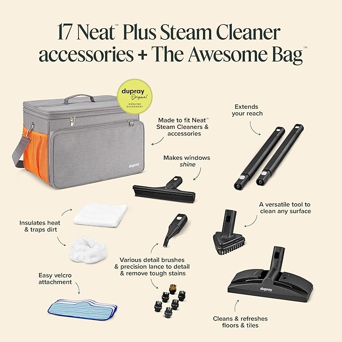 Dupray Neat Plus Steam Cleaner and Awesome Bag, 18 Accessories, Fast Heat-Up, Chemical-Free Cleaning, Multipurpose Steamer *Kills 99.9% of Bacteria & Viruses