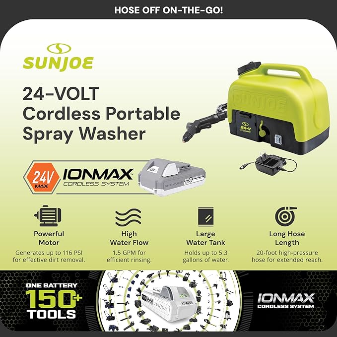Sun Joe Cordless Electric Pressure Power Washer w/ 2.0Ah Battery, Charger & Adjustable Nozzle, 1.5 GPM, 90W Motor - Heavy-Duty Cleaning Machine for Patios, Decks, Sidewalks & Cars, IONMAX WA24C-LTE