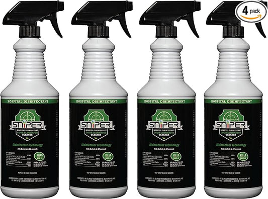SNiPER Hospital Disinfectant, Odor Eliminator & All-Purpose Cleaner, Made in the USA, 32 Ounce Spray, 4-pack