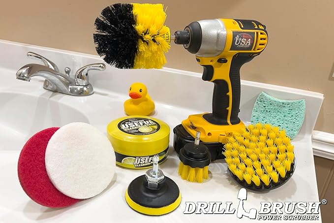 Drill Brush Attachment Multipurpose House Cleaning Supplies Set: Nylon Toilet Brush Kit, Lemon Lime Scented Cleaning Paste, Scrub Pads - Bathroom & Kitchen Tile Grout Cleaner - Household Essentials