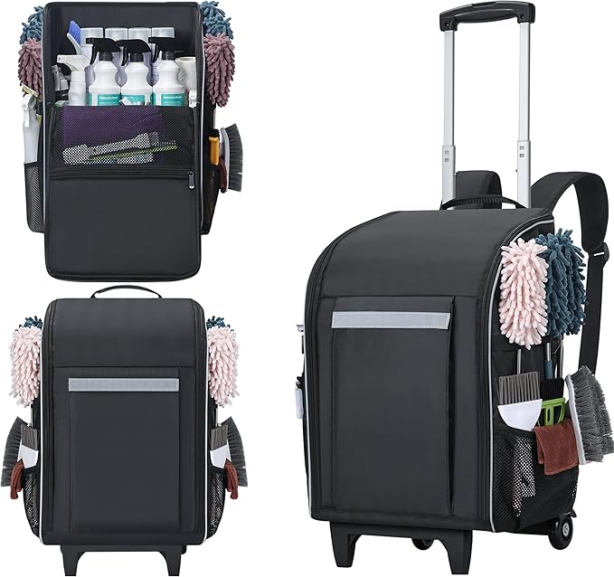 Rolling Cleaning Caddy Backpack with Wheels, Large Capacity Cleaning Supply Organizer Bag with Detachable Trolley & Backpack Strap, Water-Resistant Cleaning Bag for Houskeeper Cleaner