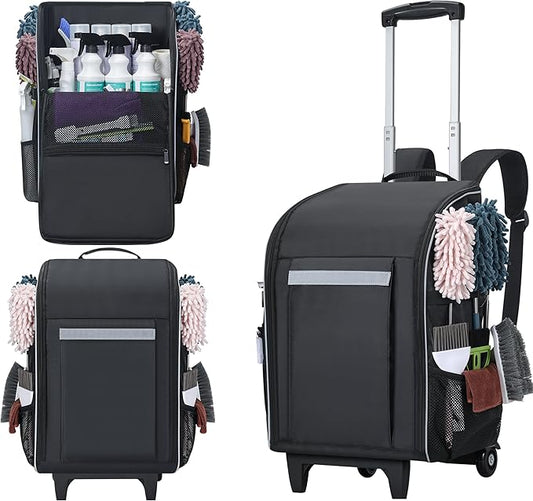 Rolling Cleaning Caddy Backpack with Wheels, Large Capacity Cleaning Supply Organizer Bag with Detachable Trolley & Backpack Strap, Water-Resistant Cleaning Bag for Houskeeper Cleaner