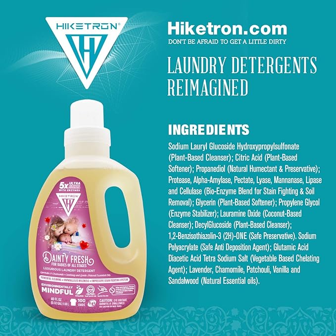 Hiketron Dainty Fresh For Babies Liquid Laundry Detergent, 5x Ultra Concentrated, Tough Stains Remover, Long Lasting Scent (80 Fl Oz, Pack of 2)