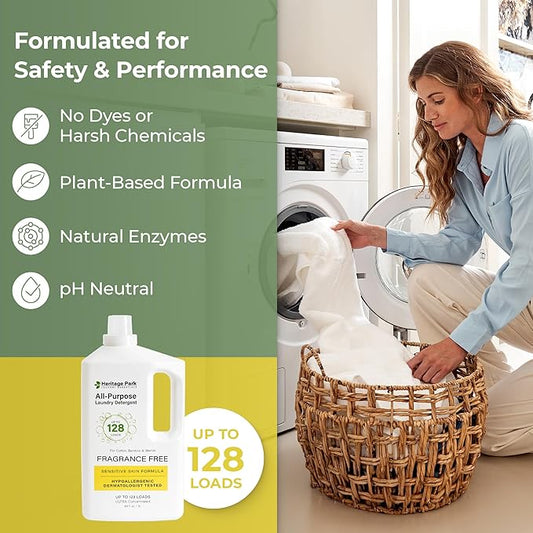 Heritage Park Luxury Laundry Detergent | Dermatologist Tested Plant based Natural & Enzyme Laundry Detergent | Sensitive Skin Friendly - Fragrance Free (64 fl oz)