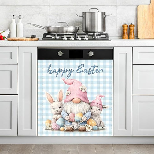 NYZE Happy Easter Dishwasher Magnets Cover, Dishwasher Magnetic Sticker Decorative, Reusable Dish Washer Cover for Dishwashers (Gnome & Bunnies)