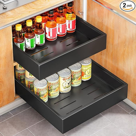Kitstorack 2Pack Pull out Cabinet Organizer, 21" Deep, Heavy Duty Full-extension Slide out Drawers for Kitchen Cabinet, Roll out Shelf Storage with Nano Adhesive for Pots, Bathroom, Pantry,Home,Black