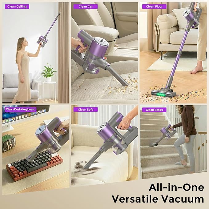 Vacuum Cleaners for Home,Cordless Vacuum Cleaner,Lightweight Stick Vacuum Cordless Rechargeable,Self-Standing Design,LED Touch Screen,Vacuum for Hardwood Floors,Carpet,Pet Hair(Lavender Purple)