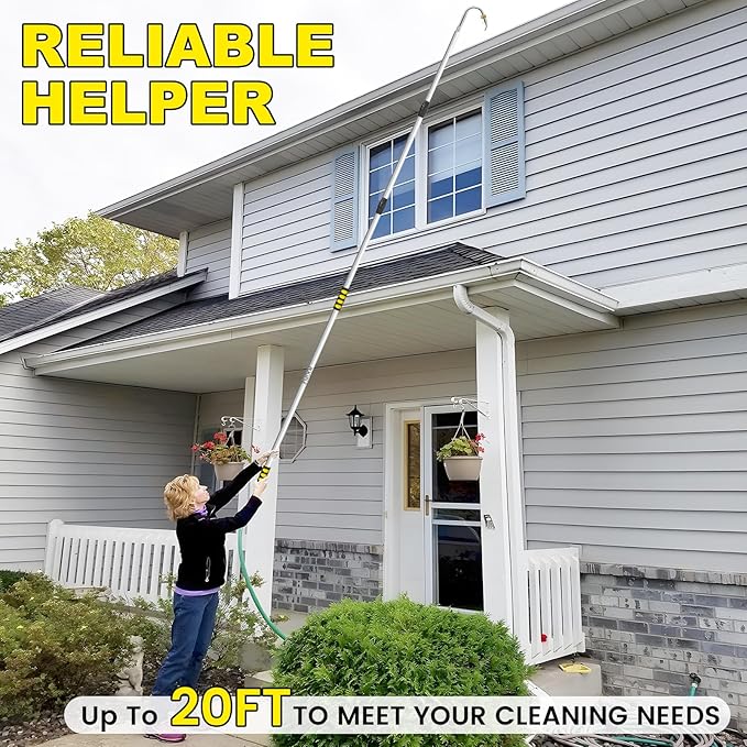 Gutter Cleaning Tools from Ground, 12FT Telescoping Pole (20FT Reach) - Heavy-Duty Zinc Alloy Head, 360° Spray Nozzle & Leak-Proof Kit, No Ladder Needed for Roof Gutters