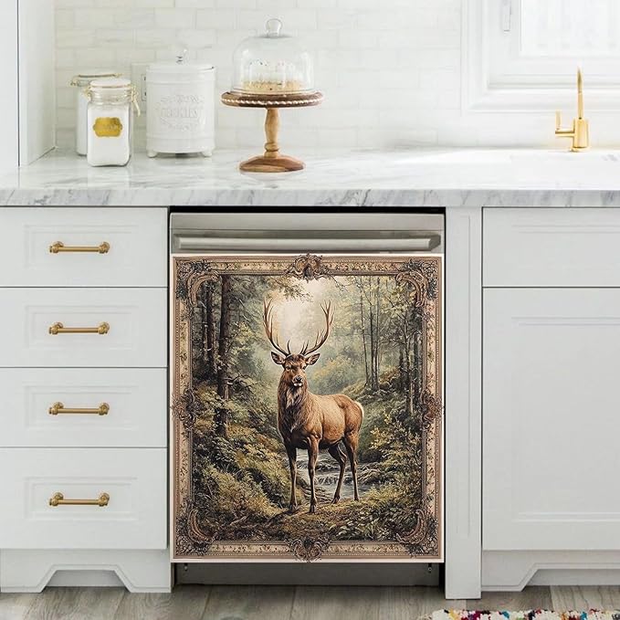 Kitchen Decor Deer Dishwasher Magnet Cover Decal, Vintage Forest Elk Magnetic Dishwasher Covers Decorative, Animal Dishwasher Skin (Magnetic) 23" W x 26" H