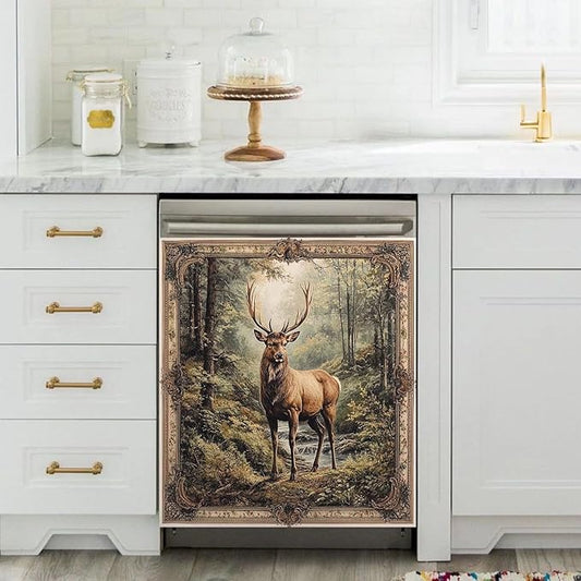 Kitchen Decor Deer Dishwasher Magnet Cover Decal, Vintage Forest Elk Magnetic Dishwasher Covers Decorative, Animal Dishwasher Skin (Magnetic) 23" W x 26" H