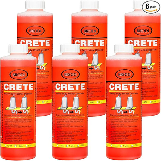 Brodi CRETE Urinal Drain Cleaner, Commercial Grade, Restores Pipes to Original Diameter, Urinal Descaler & Deodorizer, Safe for Pipes, No Harsh Fumes, Urine Salt Remover, 16 Fl Oz (Pack of 6)