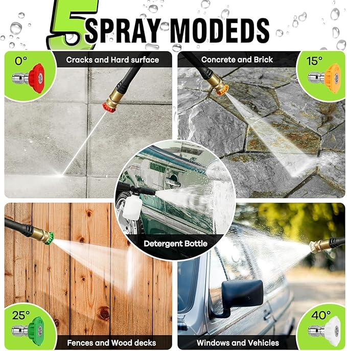 𝐏𝐨𝐰𝐞𝐫 𝐖𝐚𝐬𝐡𝐞𝐫 𝟒𝟓𝟎𝟎𝐏𝐒𝐈 Portable with 20FT Pipe, 4 Nozzle Set for Home/Cars/Fences/Windows, Green
