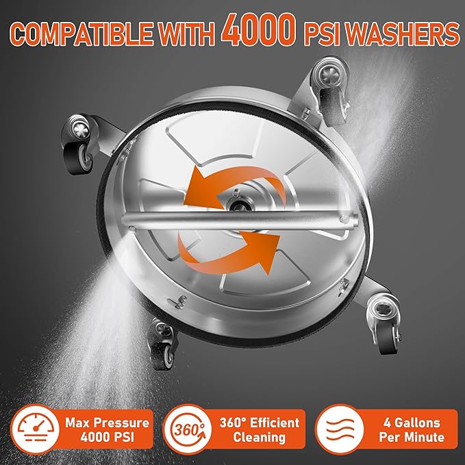 14" Pressure Washer Surface Cleaner with 4 Wheels, 4000 PSI Max Stainless Steel Surface Cleaner for Pressure Washer, 2 Extension Wands, 1/4" Quick Plug, for Concrete, Patio, Sidewalk, Deck