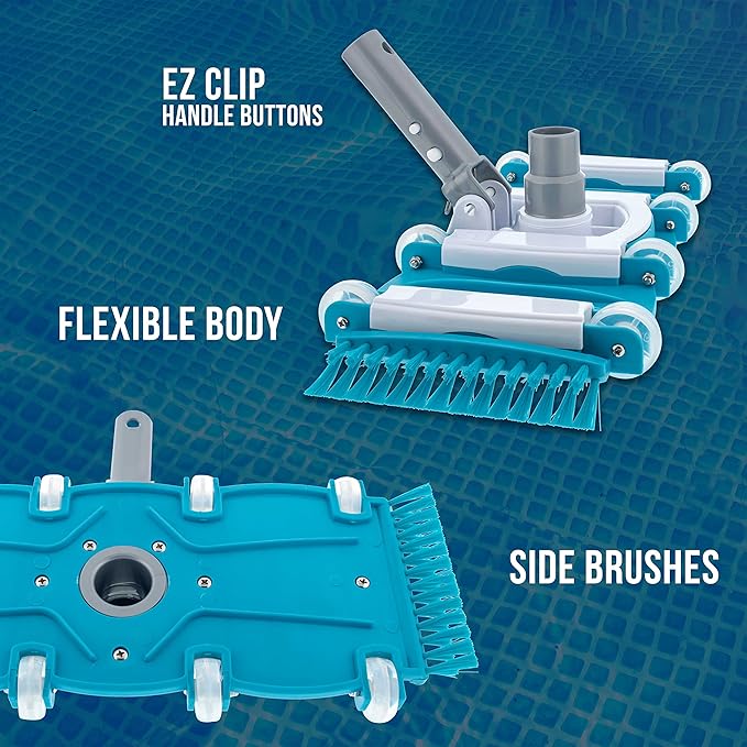 U.S. Pool Supply 16" Manual Pool Vacuum Head for Inground Pools, Side Brushes, Flexible, Weighted - Swivel Connection 1.25" or 1.5" Hoses - Cleaner Accessory Attachment, CleanDebris, Metal Pole Handle
