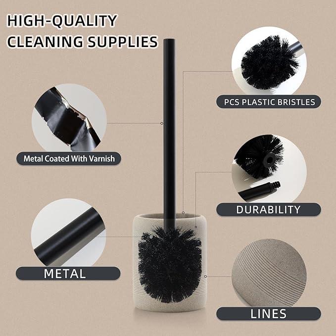 Toilet Brush and Holder Set, 2 PCS Decorative Toilet Bowl Brush and Holder Set Bathroom Aceessories Toilet Scrubber Brush Set with Heavy-Weight Resin Base with Long Handle (Beige)