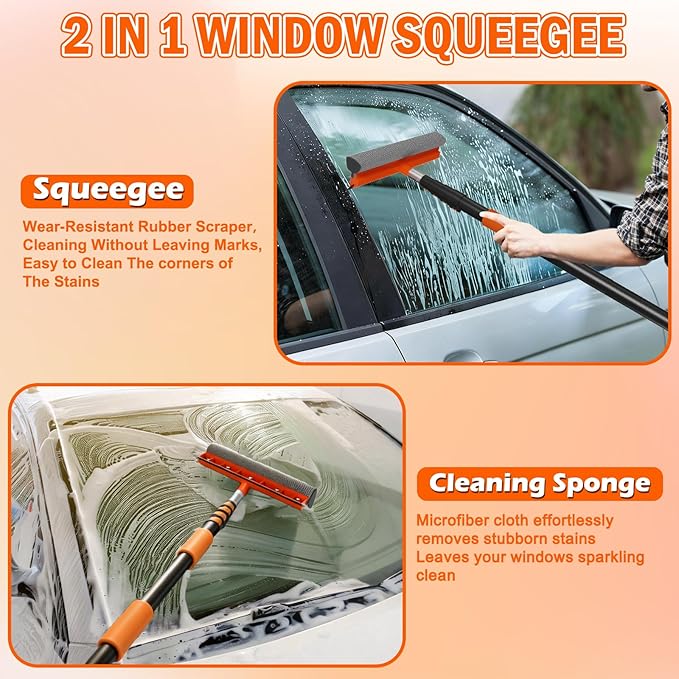 12FT Car Wash Brush with Long Handle, Car Cleaning Brush Kit with Soft Bristle Brush, Window Squeegee, Microfiber Mop, Wheel Brush, Mitt for Cleaning Truck, RV, Boat, Solar Panels