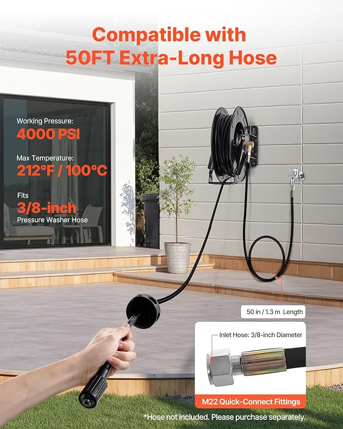 VEVOR Pressure Washer Hose Reel, 50 ft x 3/8 inch Retractable Power Heavy-Duty Steel Washer Hose Reel, 4000PSI Max, Auto-Rewinding, Flexible Wall/Floor Mounted for Car Washing,Garden,Floor Cleaning