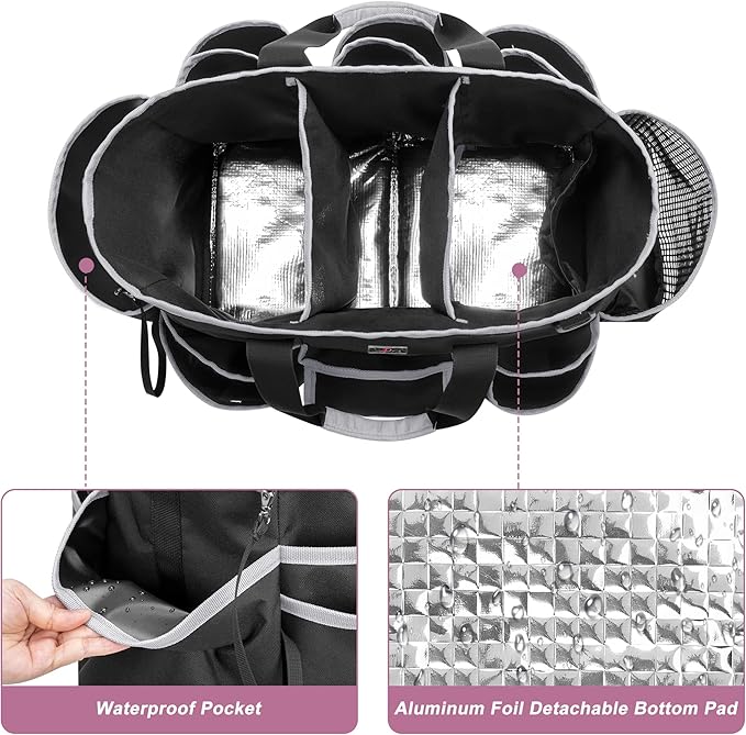 LoDrid Cleaning Caddy Bag with Handle and Shoulder Strap, Cleaning Supplies Organizer for Cleaning Work with 3 Compartments and Multifunctional Pockets, Black with Gray Edge
