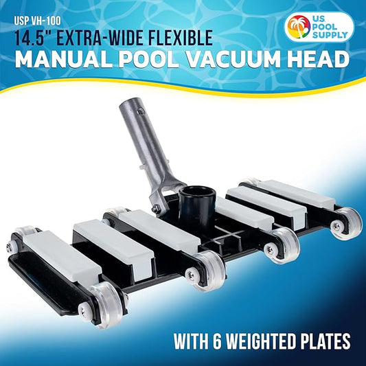 U.S. Pool Supply Manual Pool Vacuum Head for Inground Pools, Flexible, Extra-Wide, Weighted - 6 Weights, Connect 1.5" Hose, Metal Pole Handle - Swimming Cleaning Accessory Attachment, Vac Clean