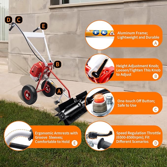 43CC 1.7 HP Gas Power Brush Broom Sweeper Driveway Turf Grass Snow Cleaning Tool，for Cleaning Driveway Farms Parks Turf