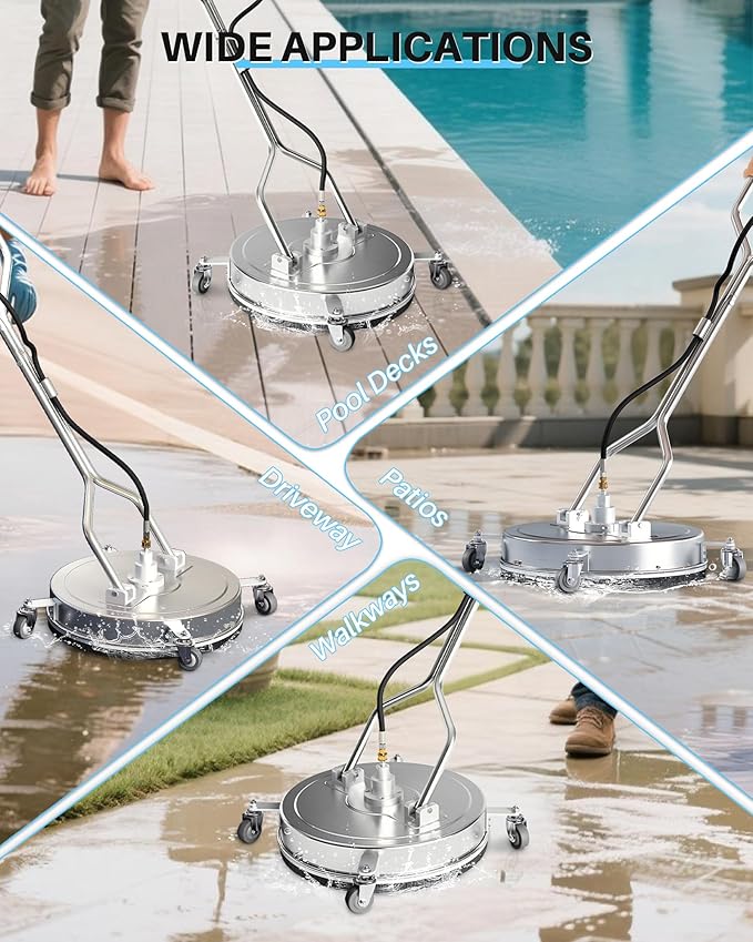 24" Pressure Washer Surface Cleaner with 4 Wheels, Dual Handle,Stainless Steel Housing, 4 Replacement Nozzle Cores and 2 Hose Adapters, Ideal for Driveways, Sidewalks, Patios, Decks Cleaning